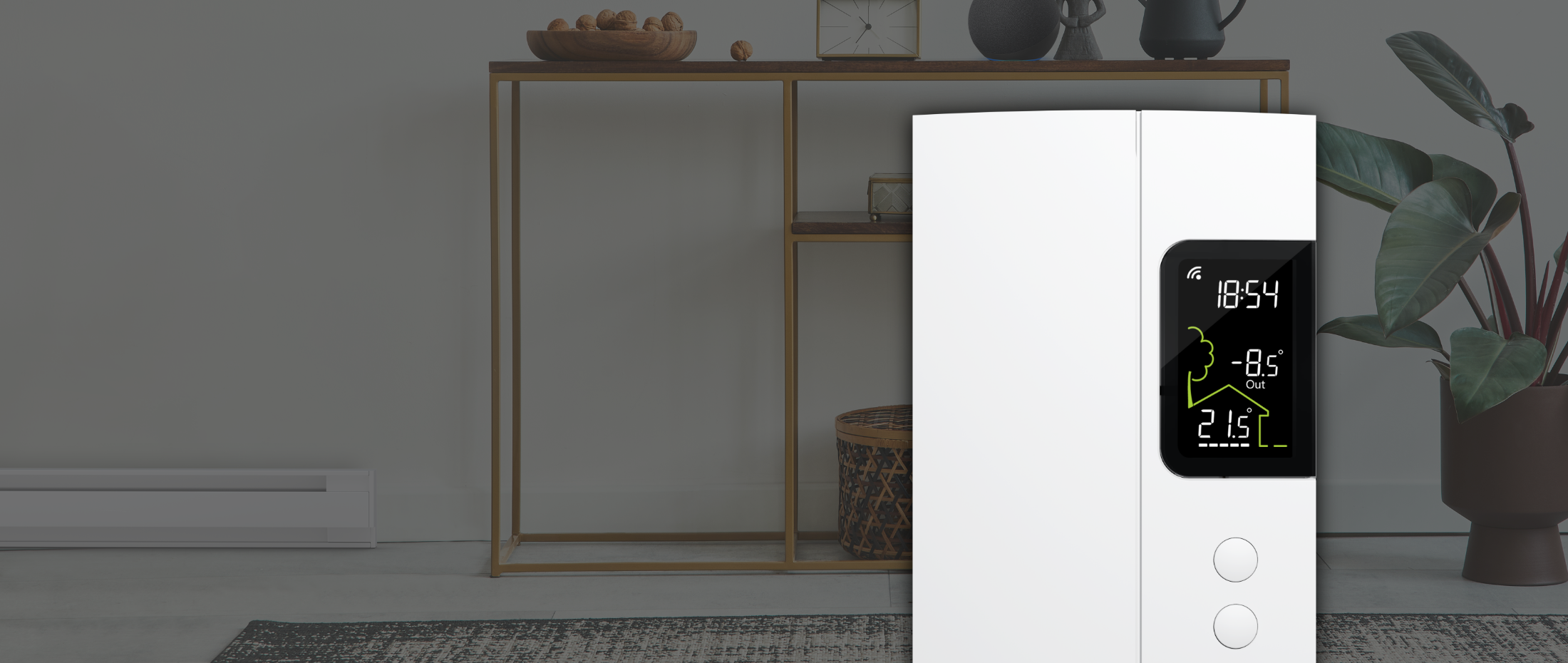 Electric baseboard in a room and front view of the thermostat for electric baseboards