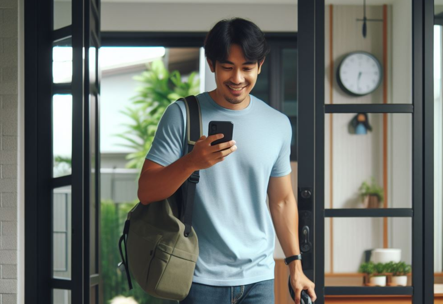 Man looking at his phone as he leaves the house